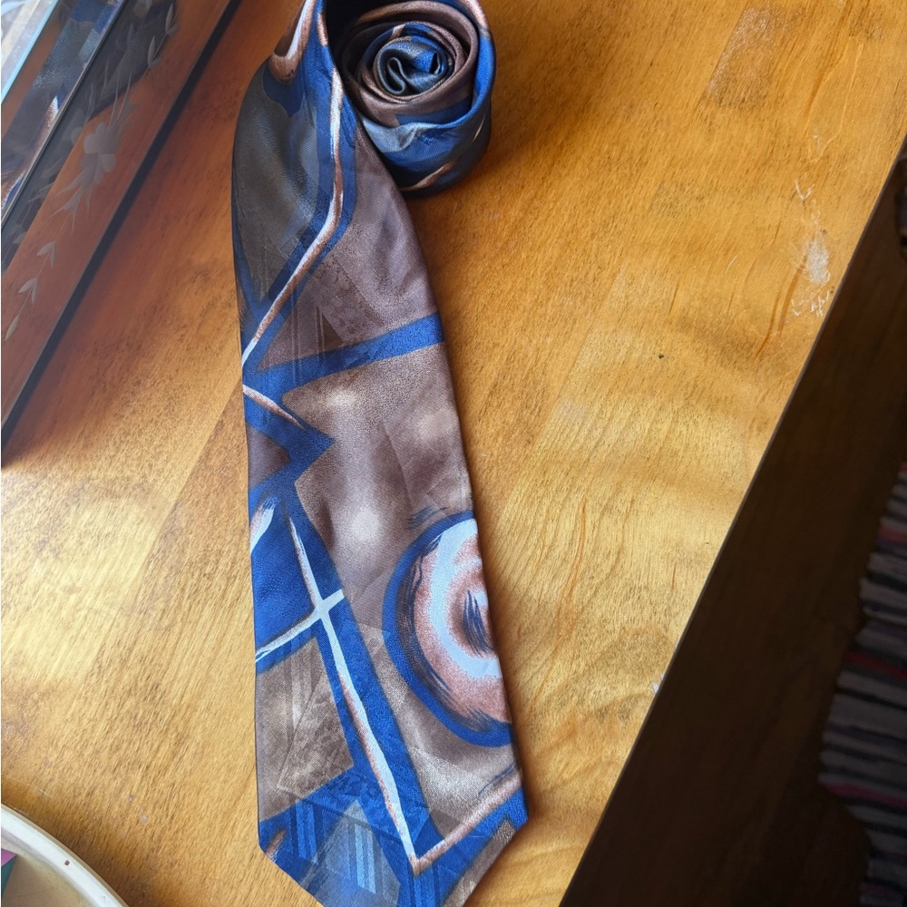 Halston Heritage Blue and Brown Geometric Silk Tie
